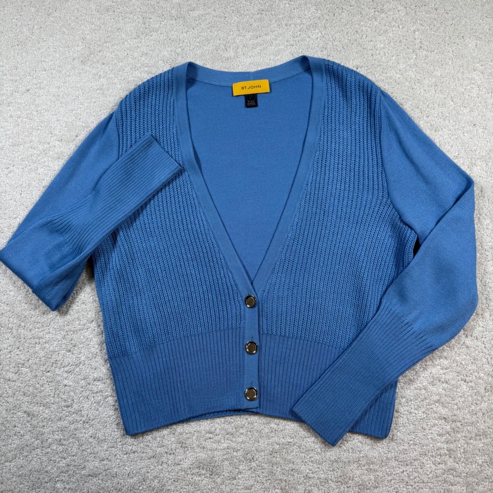 St. John Cardigan Women Large Blue Wool Blend V-Neck Ribbed Button Front Sweater - Picture 2 of 9